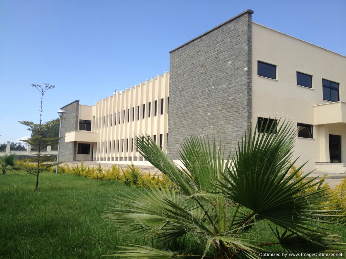 Completed institutional building and landscaped grounds